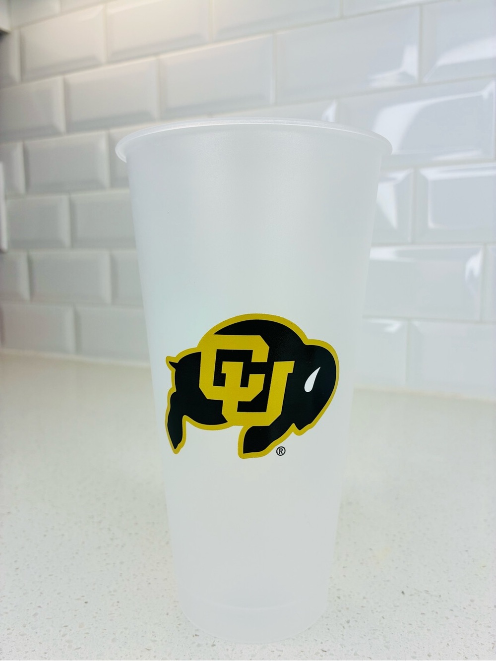 Starbucks Frosted White Cup with Black and Gold CU Buffalo Logo